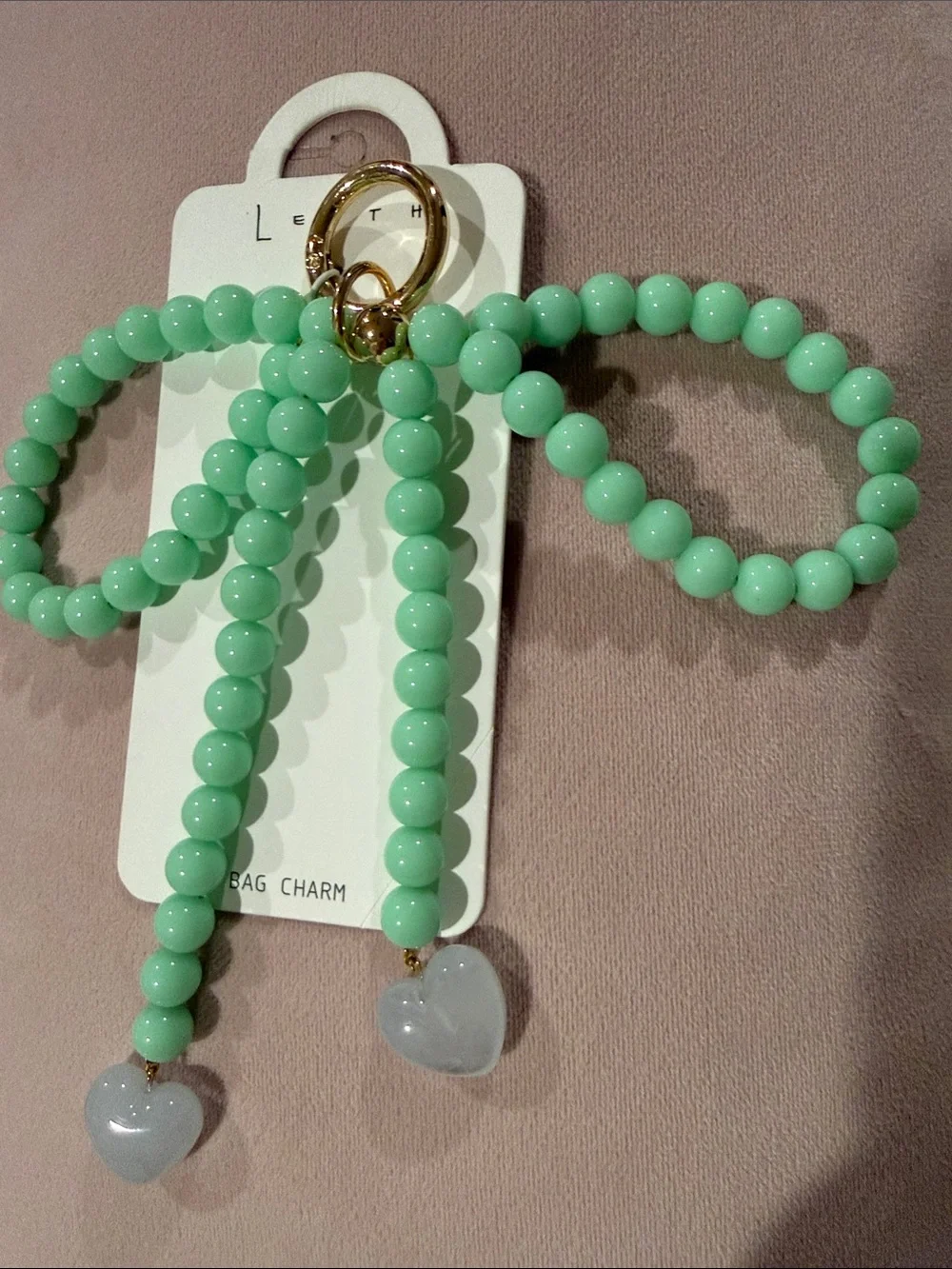 Leith Mint Green Beaded Heart Key & Bag Charm with Gold Hardware